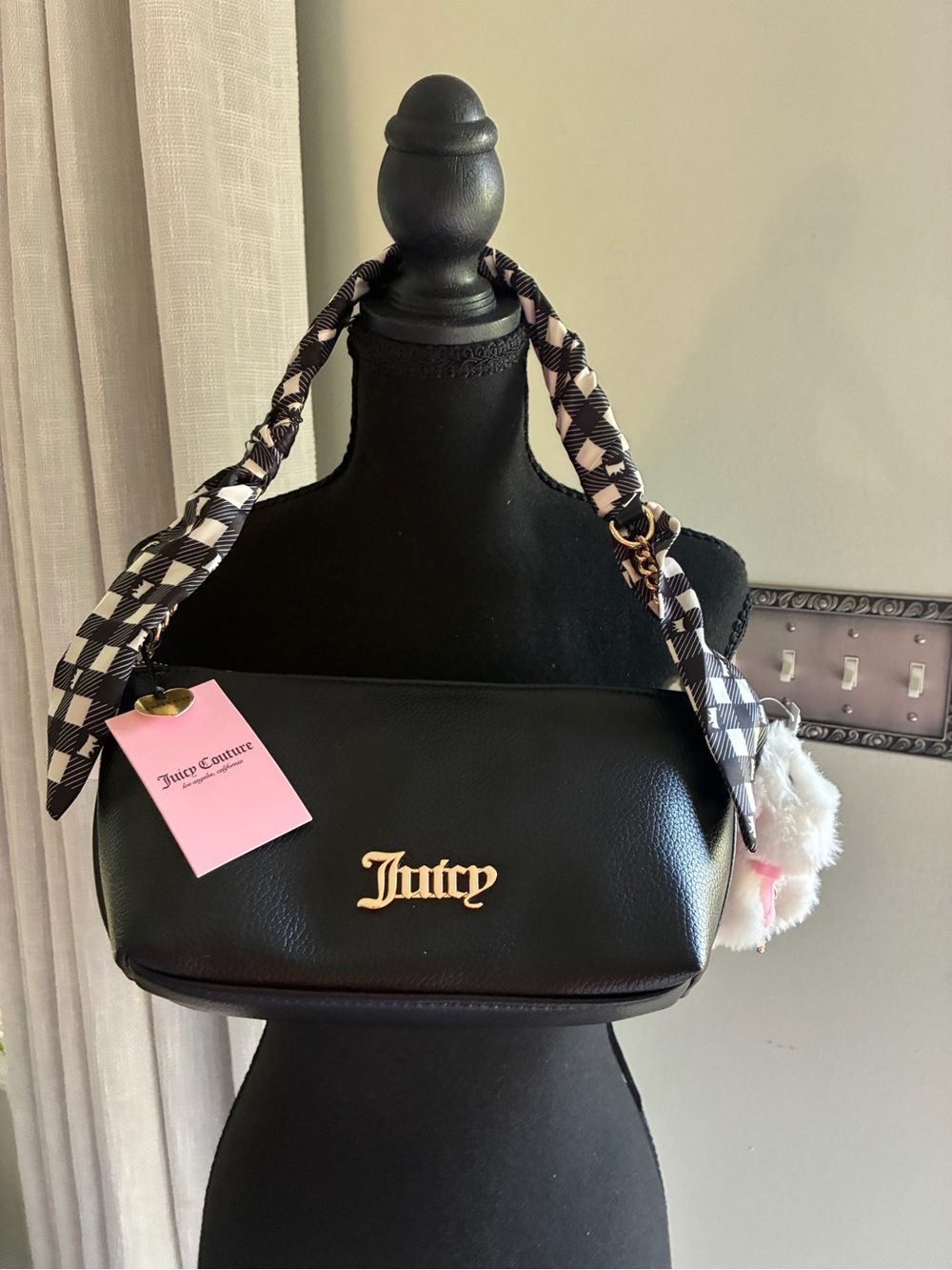 Juicy Couture Black Shoulder Bag with Checkered Scarf Strap and Plush Charm